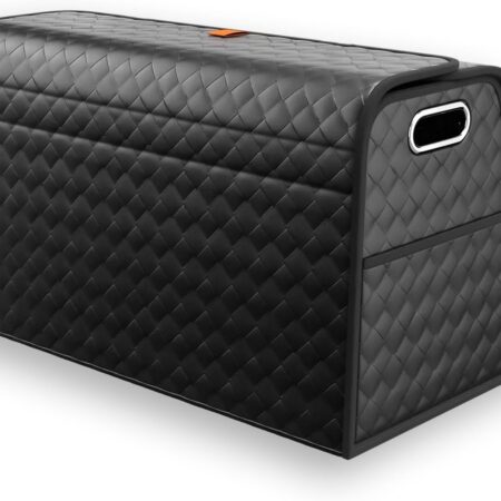 Foldable Leather Trunk Organizer for Car, SUV, Truck, MPV, Multi-Compartment Storage Box for Shopping, Camping, Picnic, Home, Garage box (Black, Large)