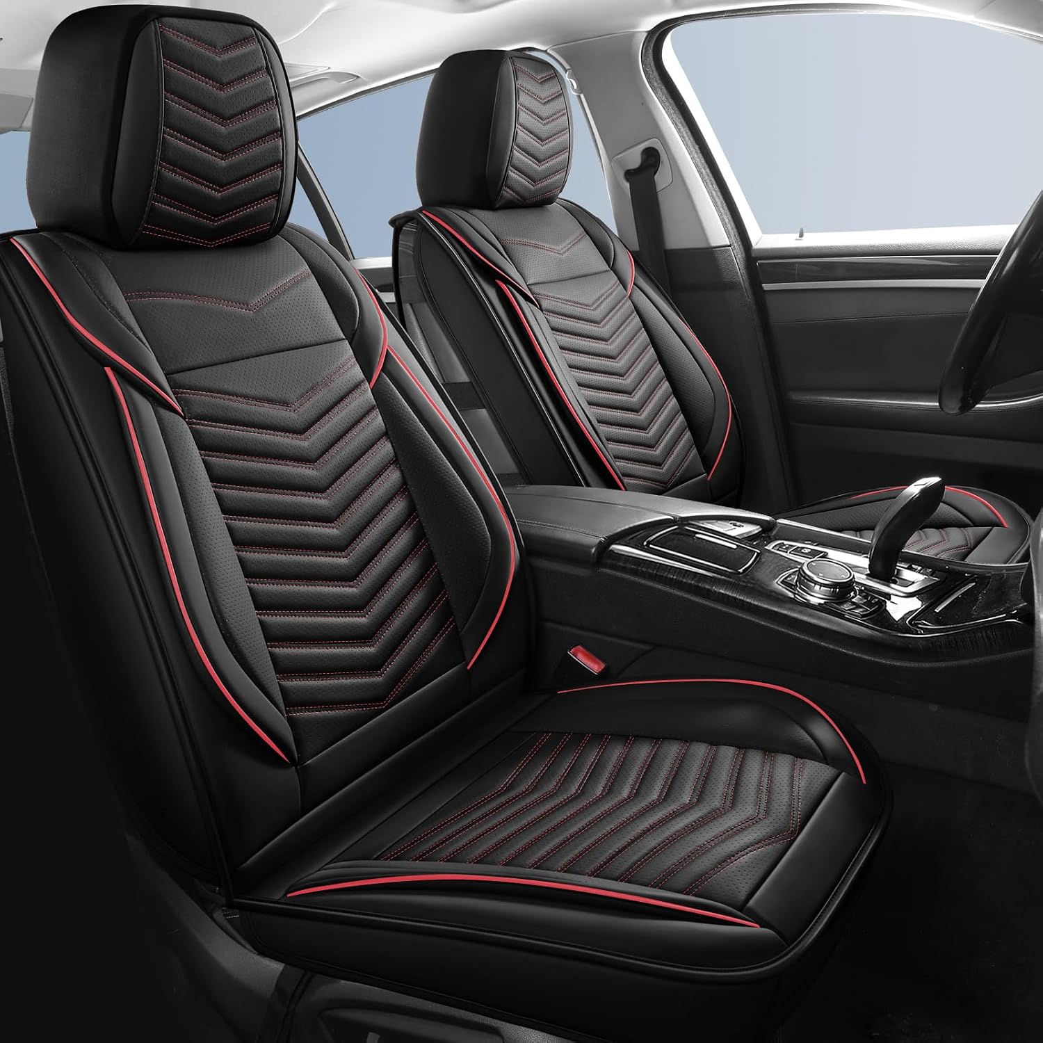 Car Seat Covers,Breathable and Waterproof Faux Leather Automotive Seat Covers,Universal Anti-Slip Driver Seat Cover for Cars SUV Pick-up Truck Sedan(Style1,5 PCS Full Set,Black+Red) - Image 2