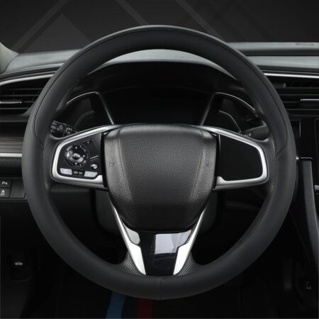 Thin Car Steering Wheel Cover, Universal 14.5-15 inch  Leather Steering Wheel Cover, Ultra Thin, Anti-Slip, Breathable(Black-Standard Size)