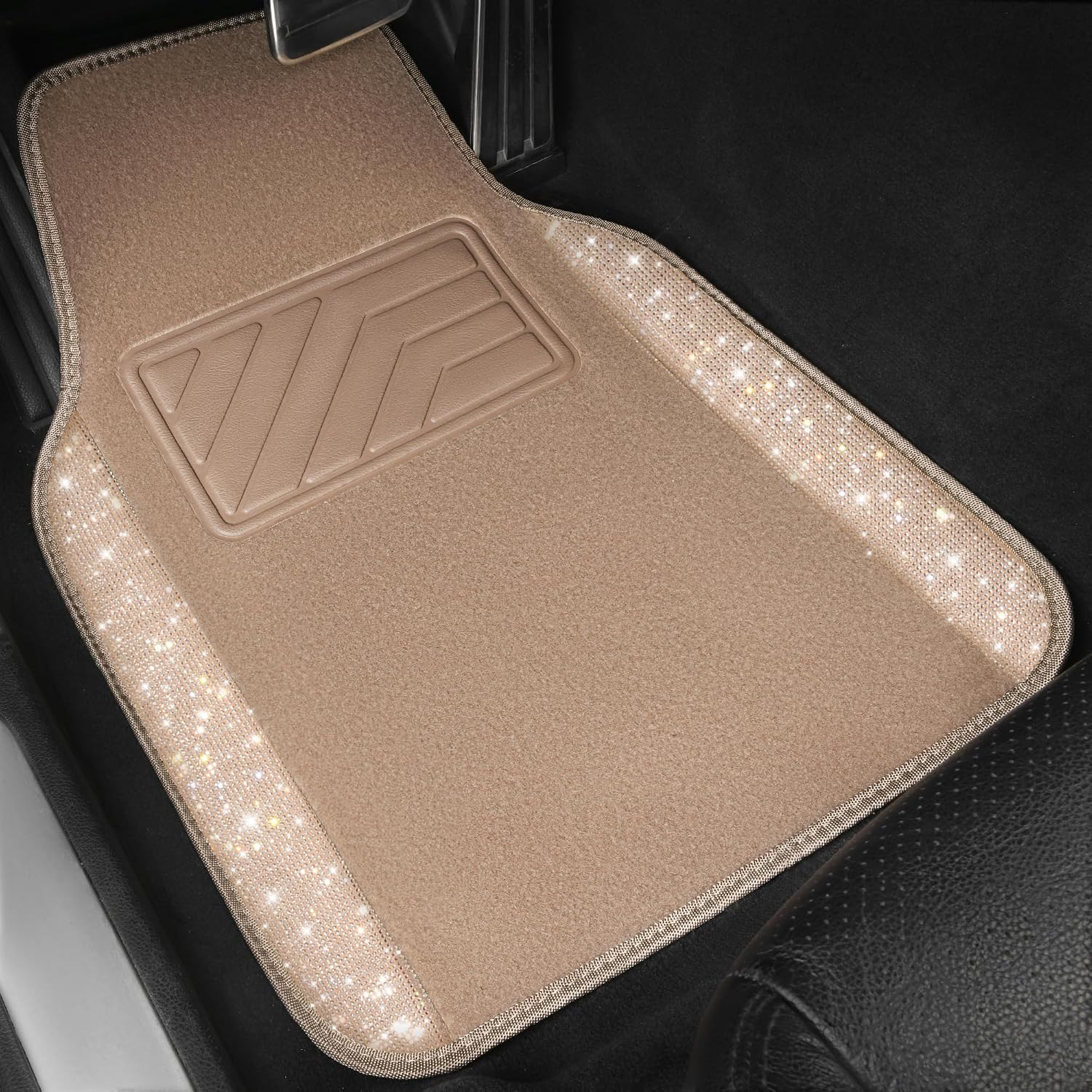 Car Mats Shining Diamond Carpet Crystal Rhinestones Sparkly Glitter Floor Mats with Anti-Slip PVC Heel Pad Universal Fit for Automotive SUV, Sedan, Car, Van, 4pcs for Girl Women, Beige - Image 2
