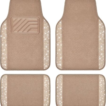Car Mats Shining Diamond Carpet Crystal Rhinestones Sparkly Glitter Floor Mats with Anti-Slip PVC Heel Pad Universal Fit for Automotive SUV, Sedan, Car, Van, 4pcs for Girl Women, Beige