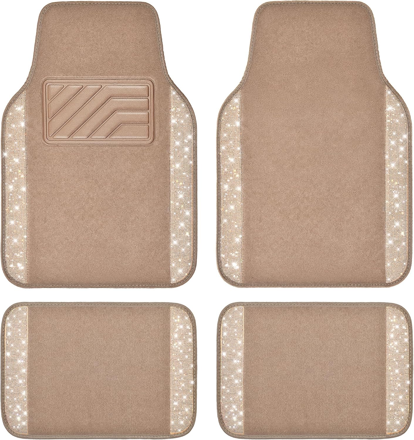 Car Mats Shining Diamond Carpet Crystal Rhinestones Sparkly Glitter Floor Mats with Anti-Slip PVC Heel Pad Universal Fit for Automotive SUV, Sedan, Car, Van, 4pcs for Girl Women, Beige